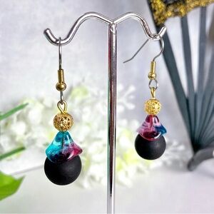 Stone Gold Filigree and Czech Glass Flower Drop Dangles Color Pretty Pink Blue